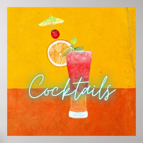 Colorful Watercolor  Neon Tropical Cocktails Poster