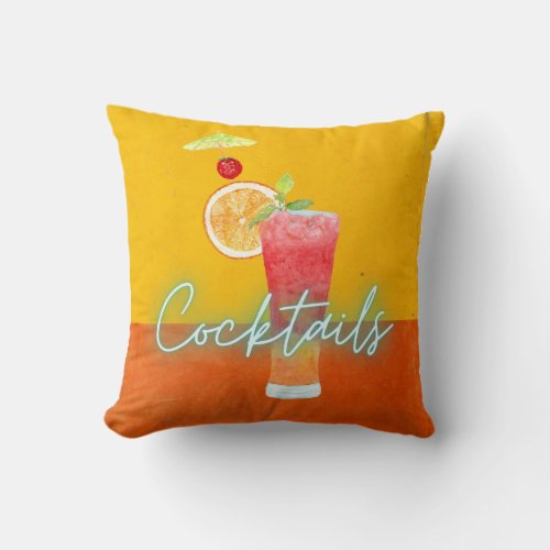 Colorful Watercolor  Neon Tropical Cocktails  Throw Pillow