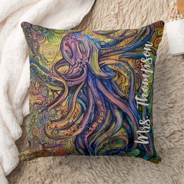 Colorful Watercolor Octopus with Personalized Name Throw Pillow (Blanket)