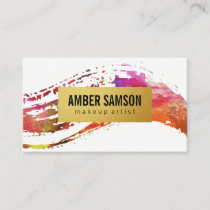 Colorful Watercolor Paint Brushed Gold Faux Label Business Card