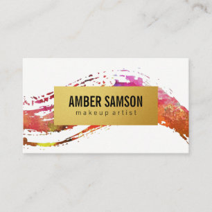 Colorful Watercolor Paint Brushed Gold Faux Label Business Card