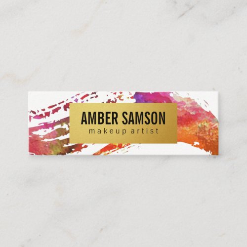 Colorful Watercolor Paint Brushed Gold Faux Label Mini Business Card