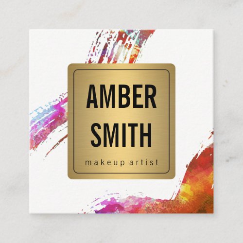 Colorful Watercolor Paint Brushed Gold Faux Label Square Business Card