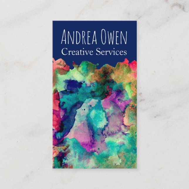 Colorful Watercolor Paint Splatters Over Navy Business Card (Front)