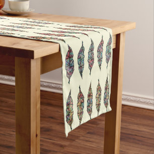 Colorful Watercolor Painted Geometric Feathers Short Table Runner