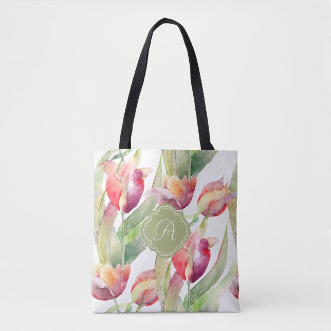 Colorful Watercolor Painted Tulips with Monogram Tote Bag (Front)