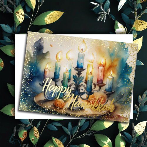 Colorful Watercolor Painting Hanukkah Menorah Foil Holiday Card