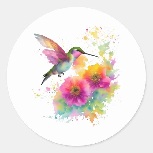 Colorful watercolor painting of a hummingbird classic round sticker