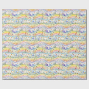 Colorful Watercolor Painting of Flowers, Trees Wrapping Paper