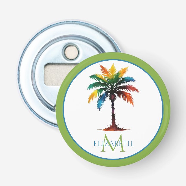 Colorful Watercolor Palm Tree Monogram Bottle Opener (Front)
