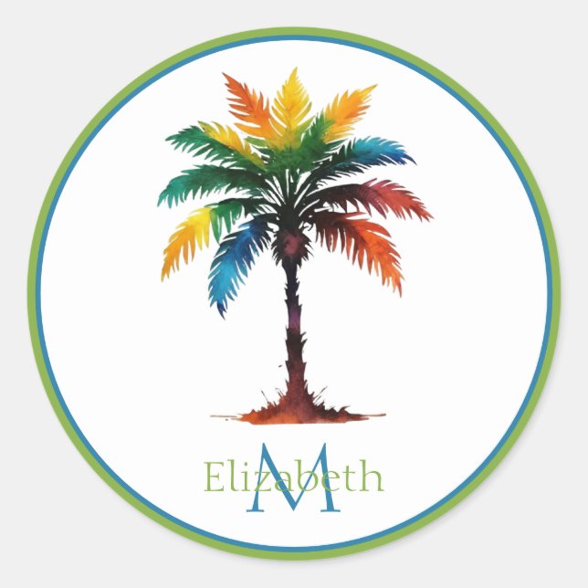 Colorful Watercolor Palm Tree Monogram Classic Round Sticker (Front)