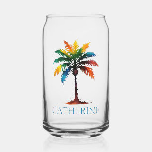 Colorful Watercolor Palm Tree Personalized Can Glass
