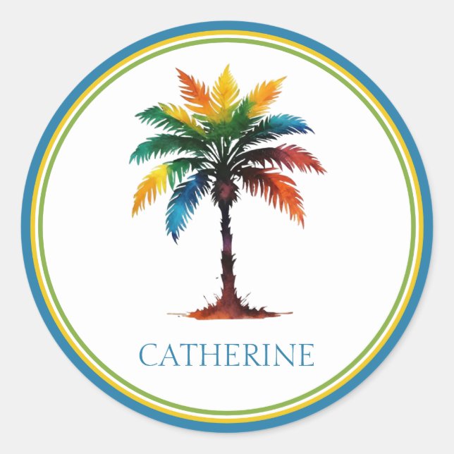 Colorful Watercolor Palm Tree Personalized Classic Round Sticker (Front)