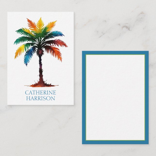 Colorful Watercolor Palm Tree Personalized Note Card (Front/Back)