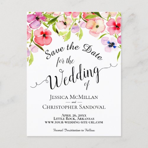 Colorful Watercolor Pansies Wedding Save the Date Announcement Postcard