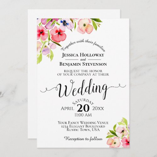 Colorful Watercolor Pansies  Wildflowers Wedding Invitation