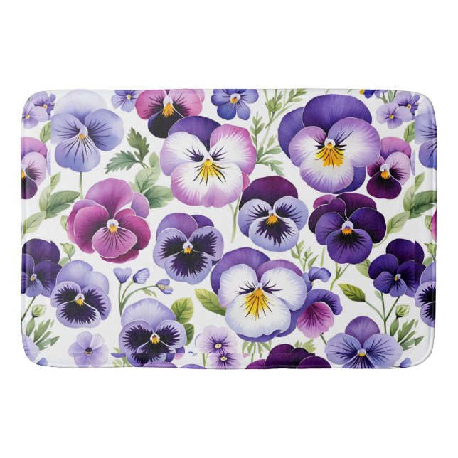 Colorful Watercolor Pansy Flowers White Background Bath Mat (Front)