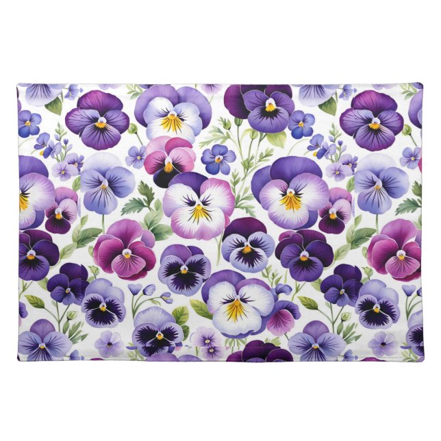 Colorful Watercolor Pansy Flowers White Background Cloth Placemat (Front)