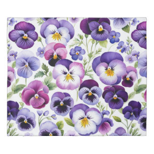 Colorful Watercolor Pansy Flowers White Background Duvet Cover