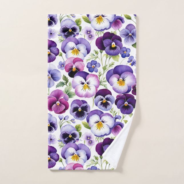 Colorful Watercolor Pansy Flowers White Background Hand Towel (Hand Towel)
