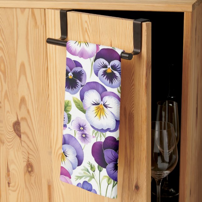 Colorful Watercolor Pansy Flowers White Background Kitchen Towel (Thirds Fold)
