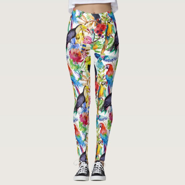 Colorful Watercolor Parrots 2 Leggings (Front)