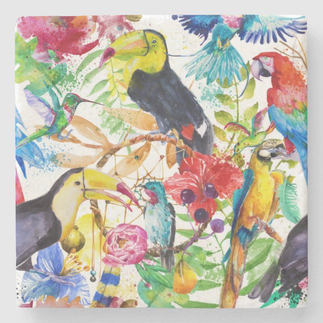 Colorful Watercolor Parrots 2 Stone Coaster (Front)