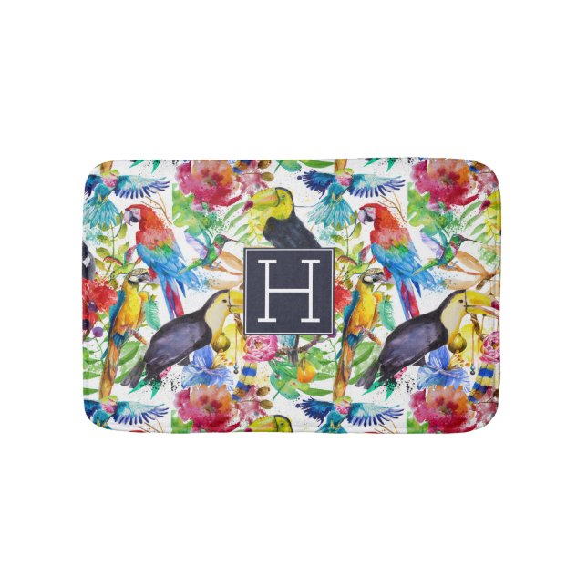 Colorful Watercolor Parrots | Add Your Initial Bathroom Mat (Front)