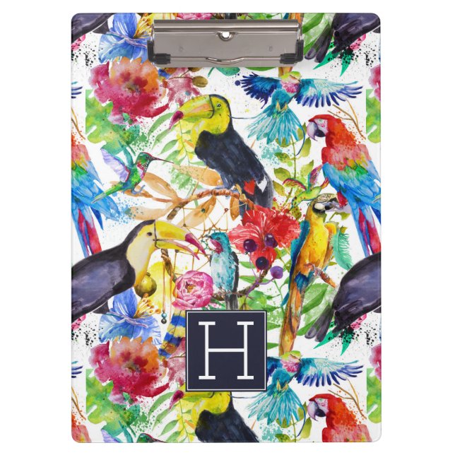 Colorful Watercolor Parrots | Add Your Initial Clipboard (Front)