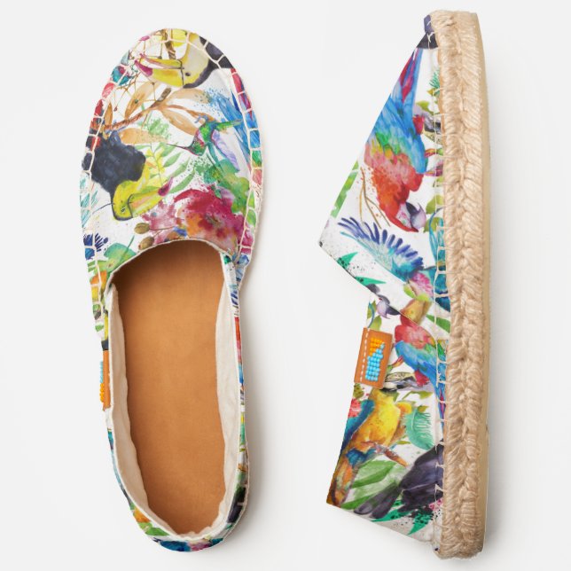 Colorful Watercolor Parrots | Add Your Initial Espadrilles (Side)