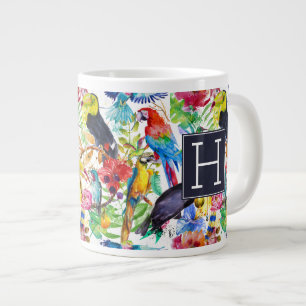 Colorful Watercolor Parrots Add Your Initial Large Coffee Mug