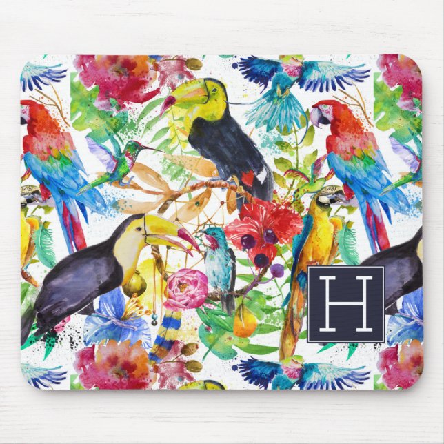 Colorful Watercolor Parrots | Add Your Initial Mouse Pad (Front)