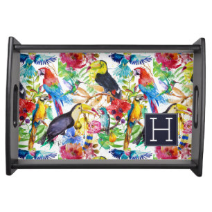Colorful Watercolor Parrots Add Your Initial Serving Tray