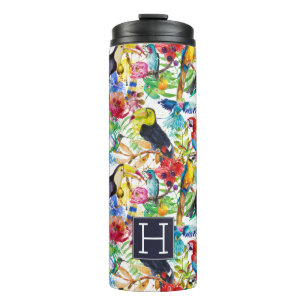 Colorful Watercolor Parrots   Add Your Initial Thermal Tumbler
