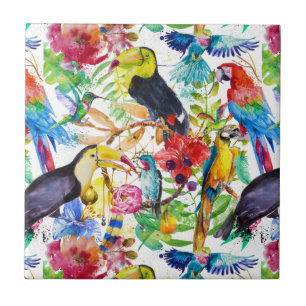 Colorful Watercolor Parrots Ceramic Tile