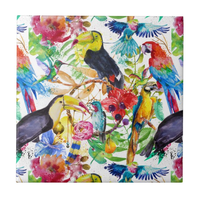 Colorful Watercolor Parrots Ceramic Tile (Front)