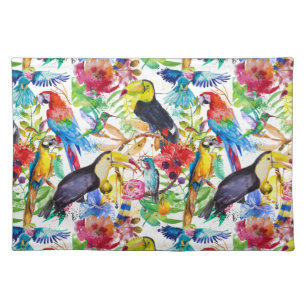 Colorful Watercolor Parrots Cloth Placemat