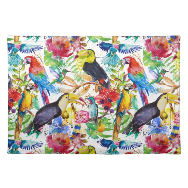 Colorful Watercolor Parrots Cloth Placemat (Front)