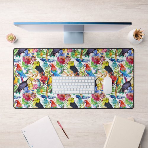 Colorful Watercolor Parrots Desk Mat