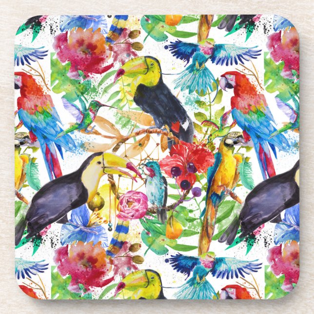 Colorful Watercolor Parrots Drink Coaster (Front)