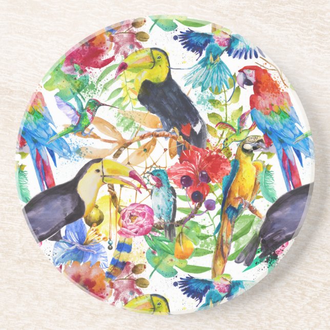 Colorful Watercolor Parrots Drink Coaster (Front)