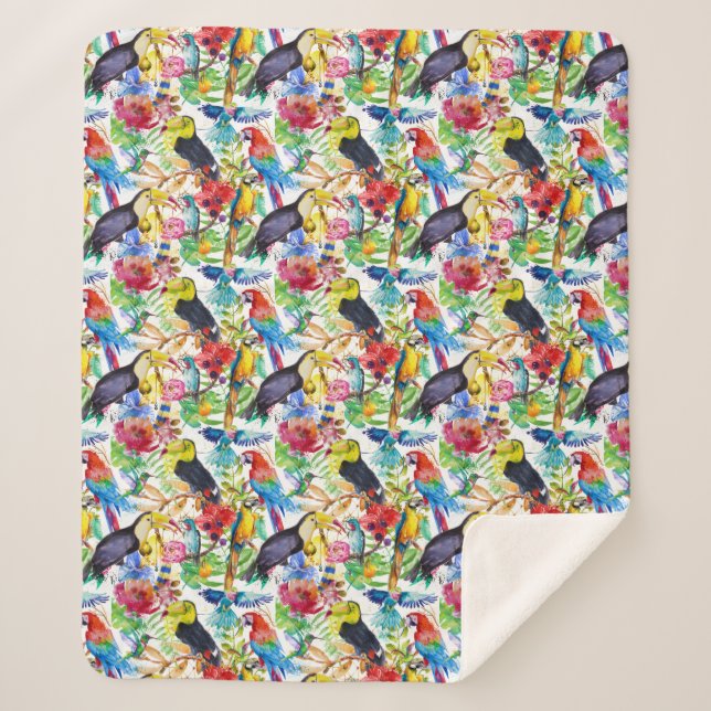 Colorful Watercolor Parrots Sherpa Blanket (Front)