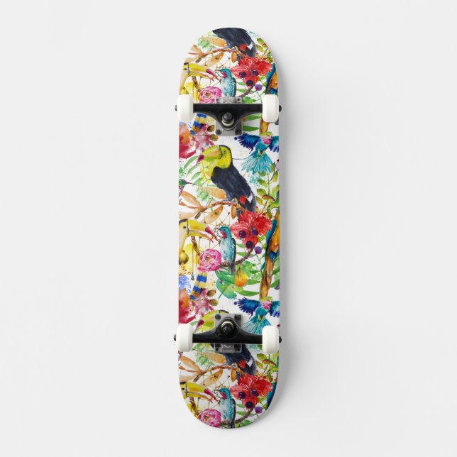 Colorful Watercolor Parrots Skateboard (Front)