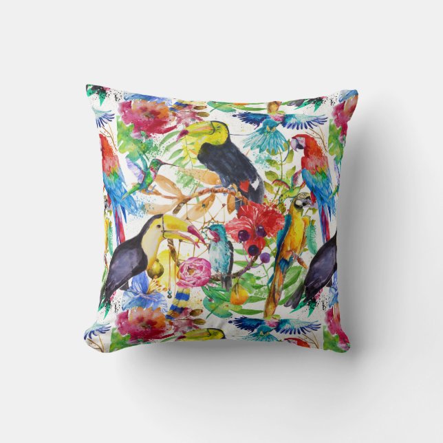 Colorful Watercolor Parrots Throw Pillow (Front)
