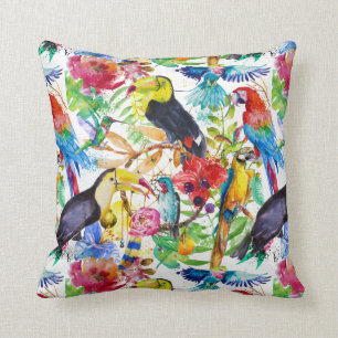 Colorful Watercolor Parrots Throw Pillow