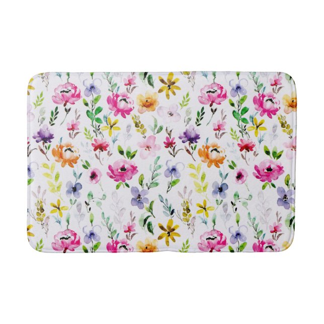 Colorful Watercolor Pastel Flowers Bath Mat (Front)