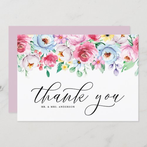 Colorful Watercolor Pastel Flowers Garland Wedding Thank You Card