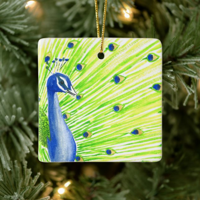 Colorful Watercolor Peacock Ceramic Ornament (Tree)