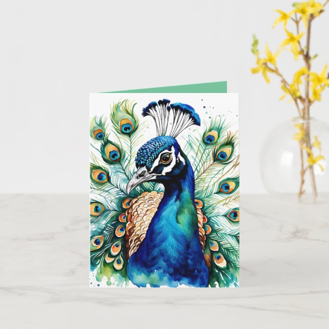 Colorful Watercolor Peacock Greeting Card (Yellow Flower)