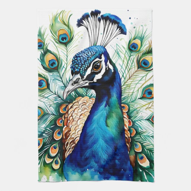 Colorful Watercolor Peacock Kitchen Towel (Vertical)
